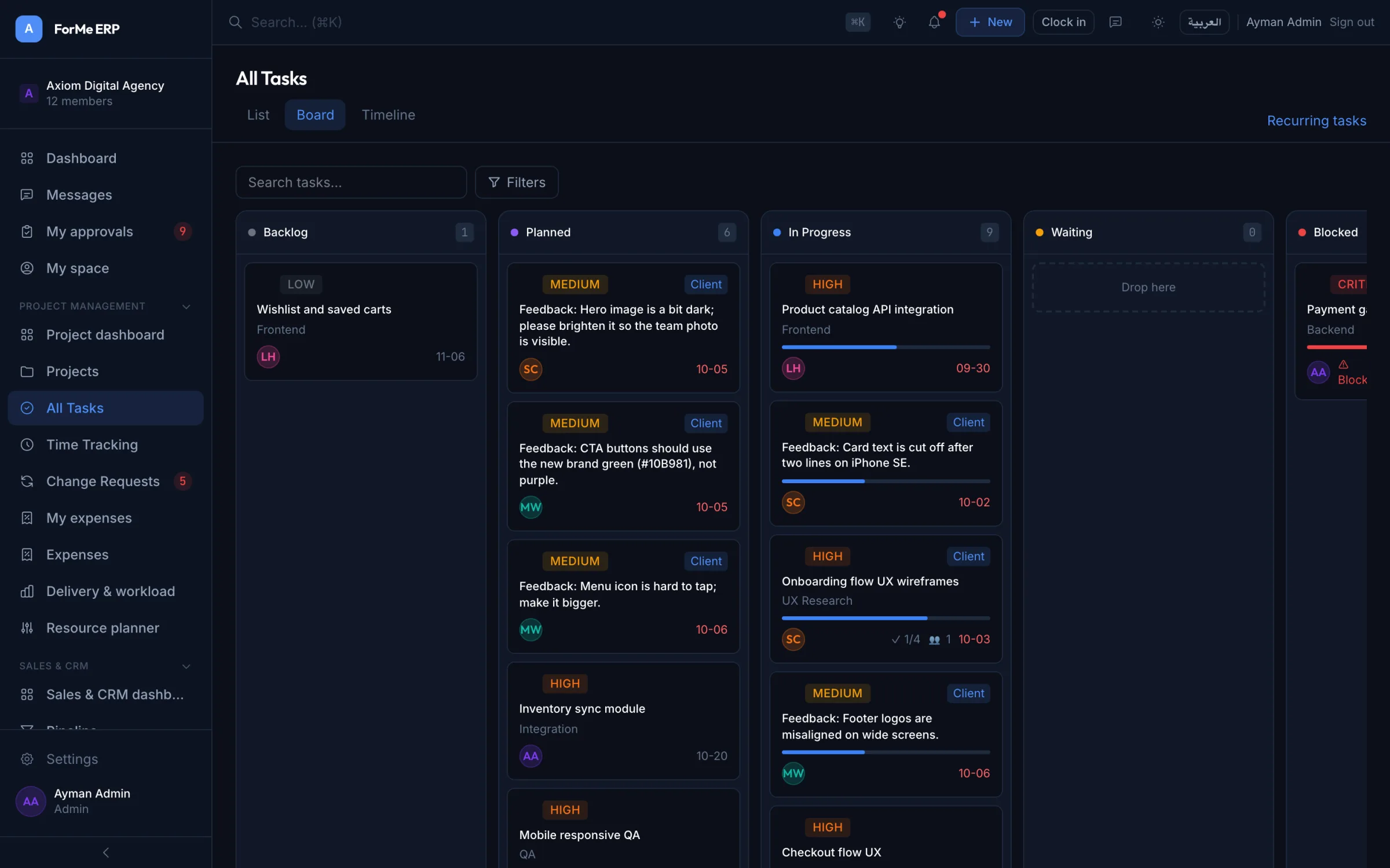 ForMe ERP project dashboard with tiles, charts and at-risk projects