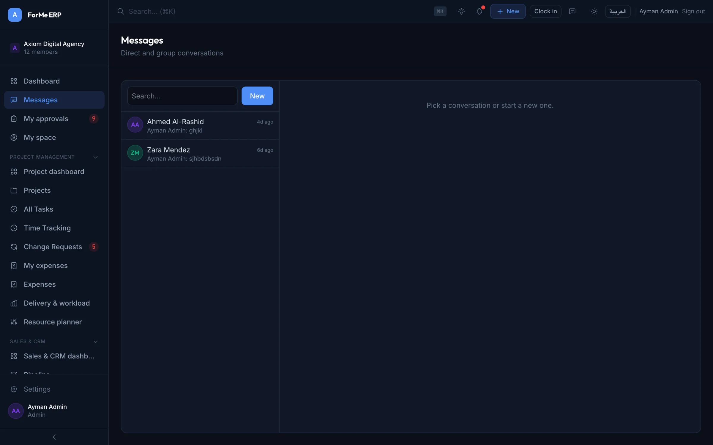 Company dashboard in ForMe ERP